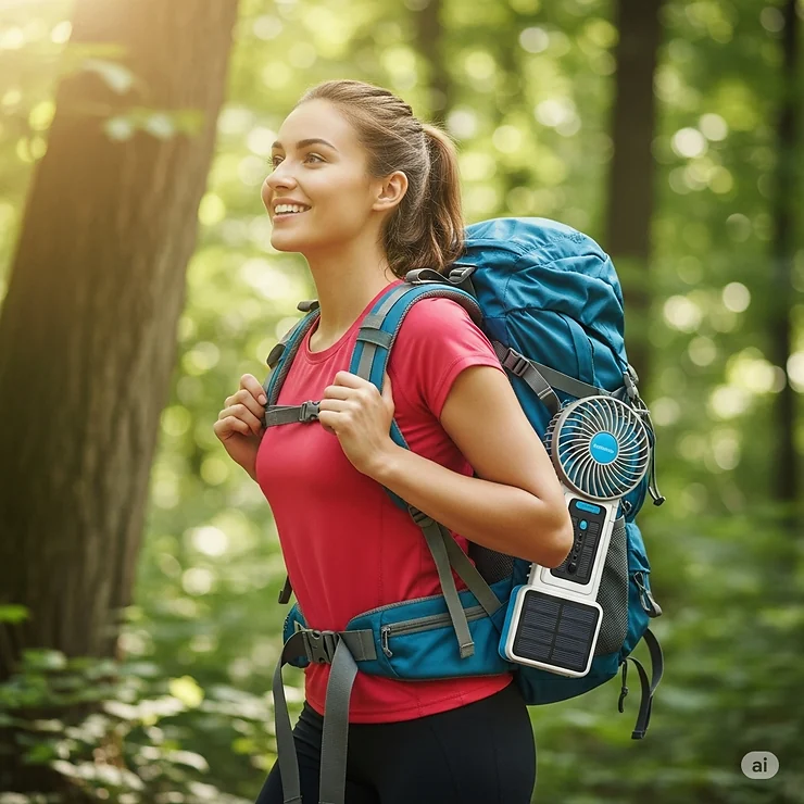 A person easily carrying a lightweight solar-powered outdoor fan, emphasizing its portability for outdoor adventures.