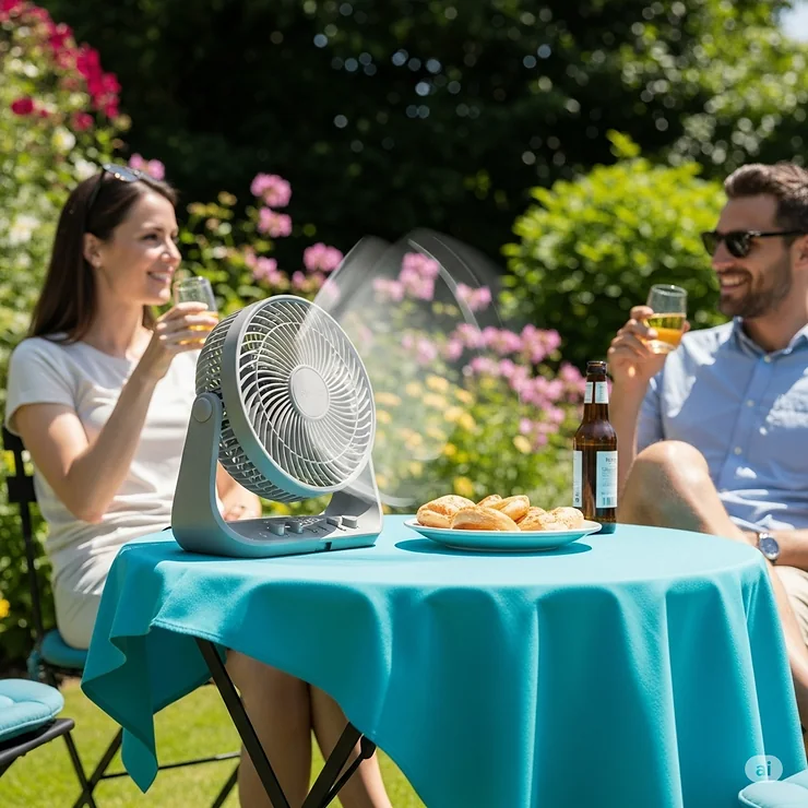 A sleek, black portable patio fan discreetly positioned among outdoor furniture, demonstrating effective air circulation for fans outside.