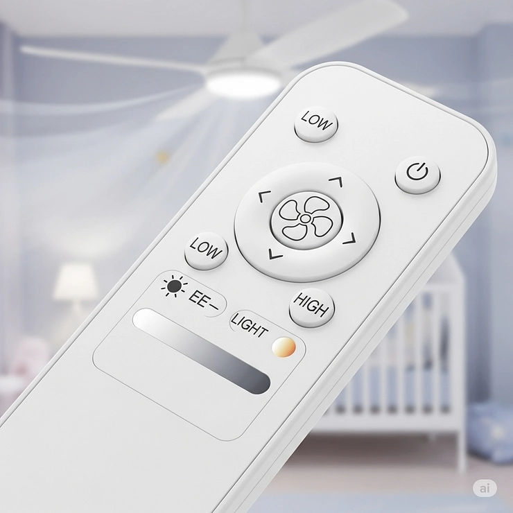 A close-up of a remote control used to operate a quiet children's ceiling fan, showing settings for speed and light.