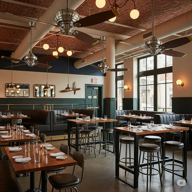 Trendy restaurant interior with several vintage-inspired airplane propeller ceiling fans, enhancing the aviation theme and providing comfortable air circulation.