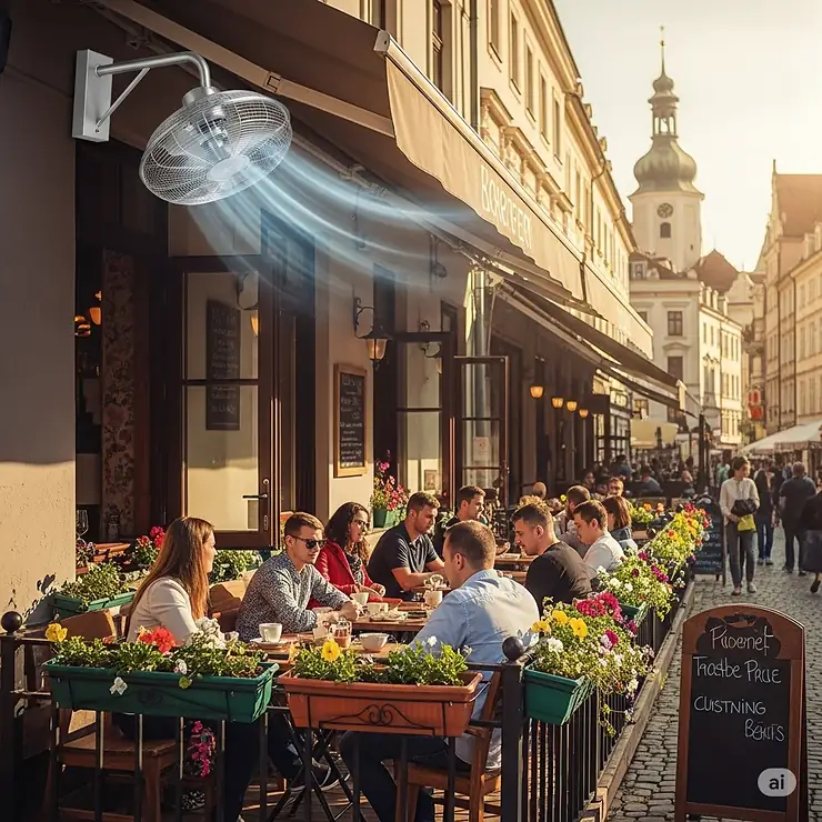 An elegant wall-mounted outdoor fan installed at a bustling cafe terrace, enhancing the dining experience for patrons enjoying fans outside.