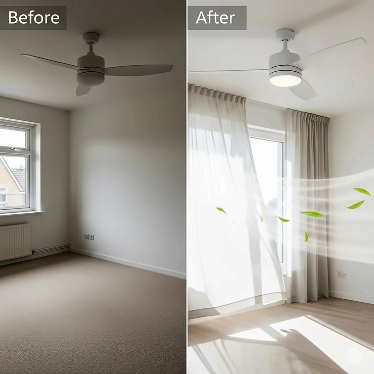 A visual comparison of a room before and after the installation of a modern white ceiling fan, illustrating its immediate impact on both air circulation and aesthetic appeal.