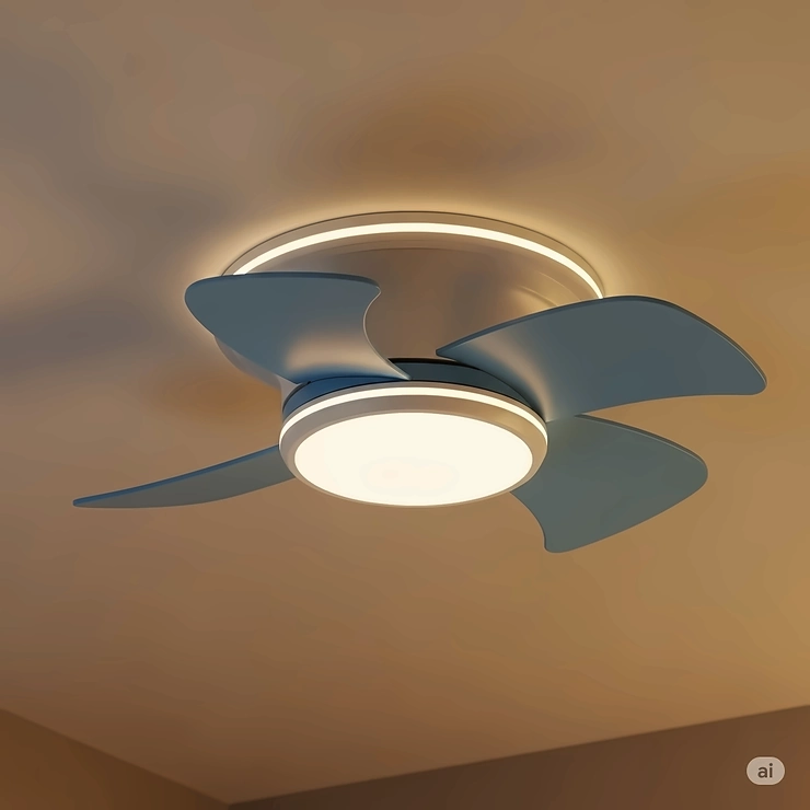 A low-profile, flush-mount children's ceiling fan designed with safety in mind for a toddler's bedroom.