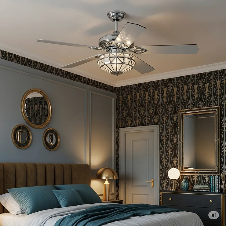 Sleek art deco ceiling fan providing both style and comfort in a modern bedroom setting with art deco influences.