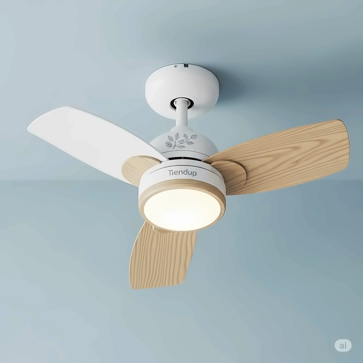 A compact, small-sized ceiling fan with three blades, ideal for a cozy children's room or a small nursery.