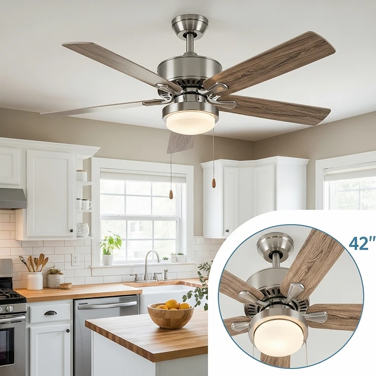 A compact 42-inch farmhouse ceiling fan with a brushed nickel motor and reclaimed wood-look blades, perfect for a quaint farmhouse kitchen or breakfast nook.