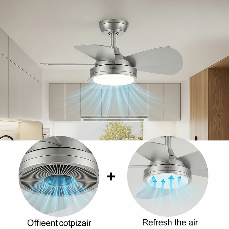 A compact, small-diameter ceiling fan for a kitchen, designed to fit and efficiently cool a confined or narrow galley-style space.