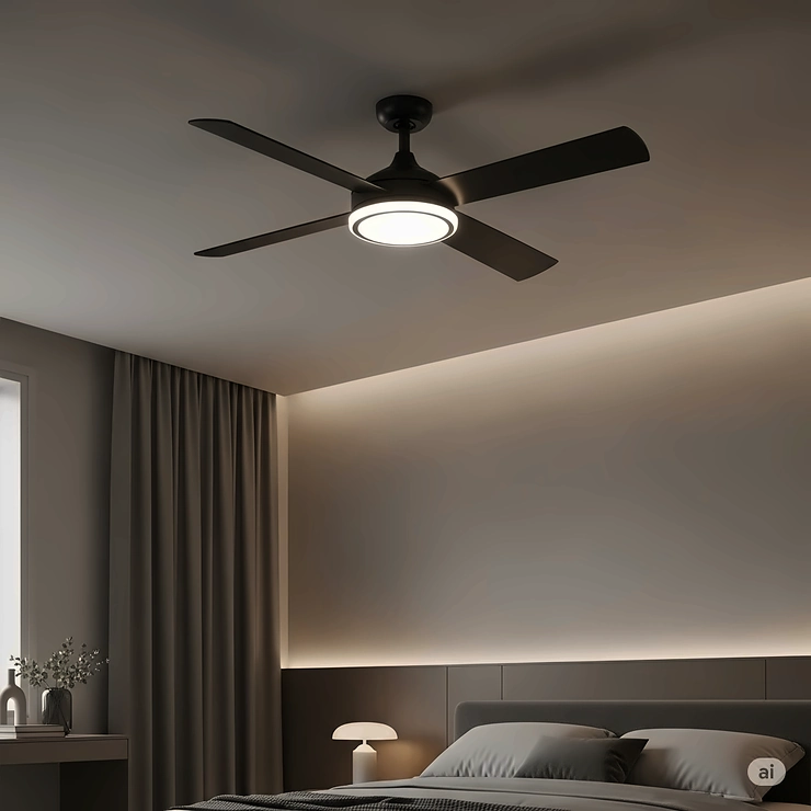 A quiet, low-profile black wifi ceiling fan with a dimmable light, creating a peaceful and comfortable atmosphere in a modern bedroom.