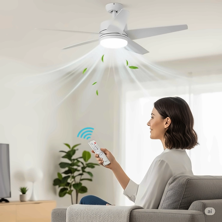 A person holding a smart remote control for a wifi ceiling fan, highlighting the convenience of adjusting settings from anywhere in the room.