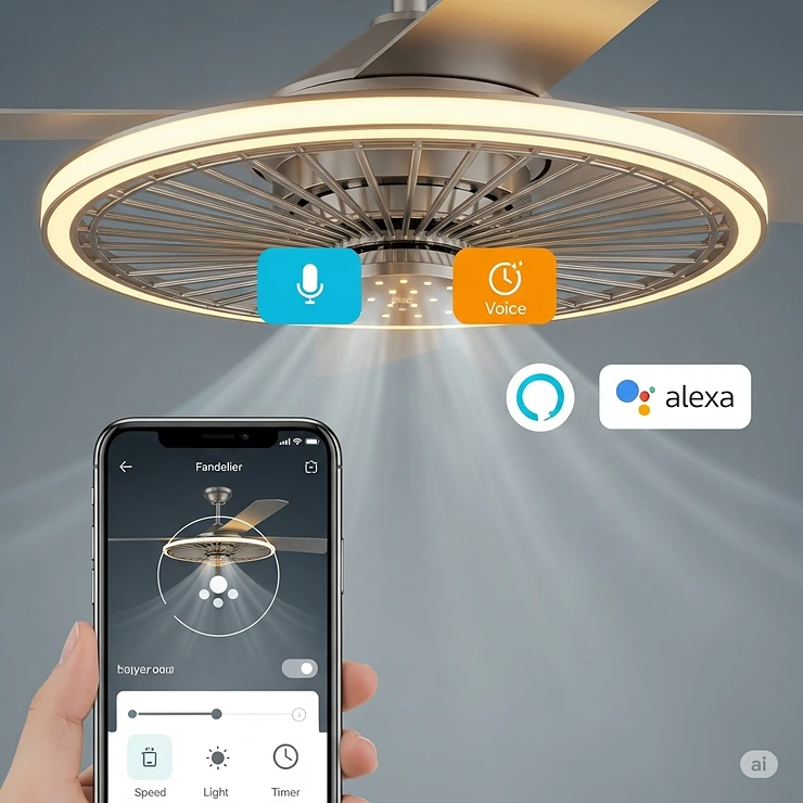 Fandelier ceiling fan with icons representing smart home integration, highlighting compatibility with voice assistants and mobile apps for convenient control.