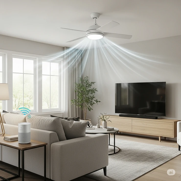 A smart home living room with a Wi-Fi-enabled ceiling fan, controlled by a smart speaker for seamless convenience.