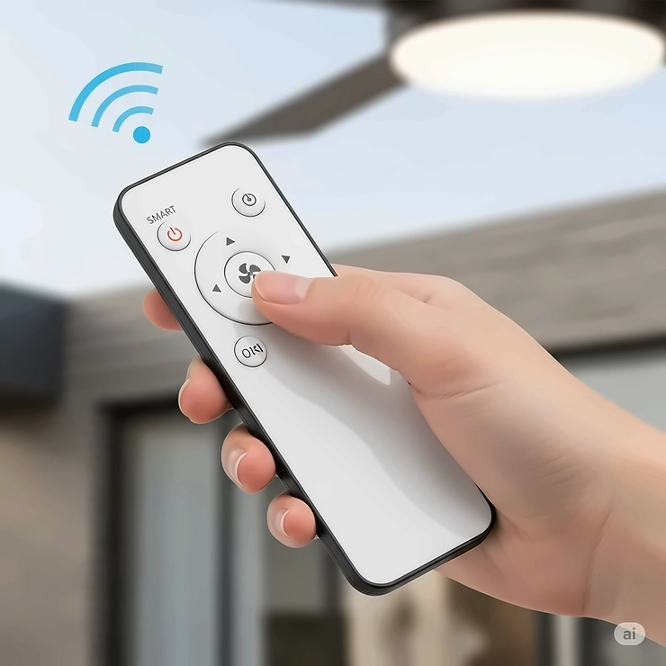 Hand holding a remote control for a waterproof outdoor ceiling fan with light, highlighting smart features for easy fan speed and light intensity adjustments.