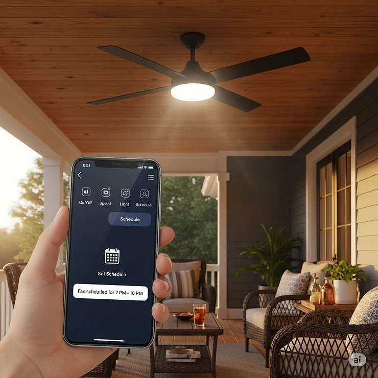 A smart-enabled exterior porch fan being controlled via a mobile app, showcasing convenient features like scheduling and remote operation.