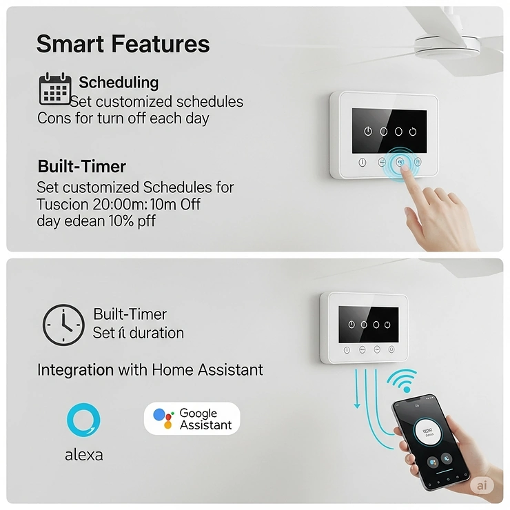 A graphic highlighting the smart features of a wall control, including scheduling, timer functions, and integration with home assistants for a smart ceiling fan.