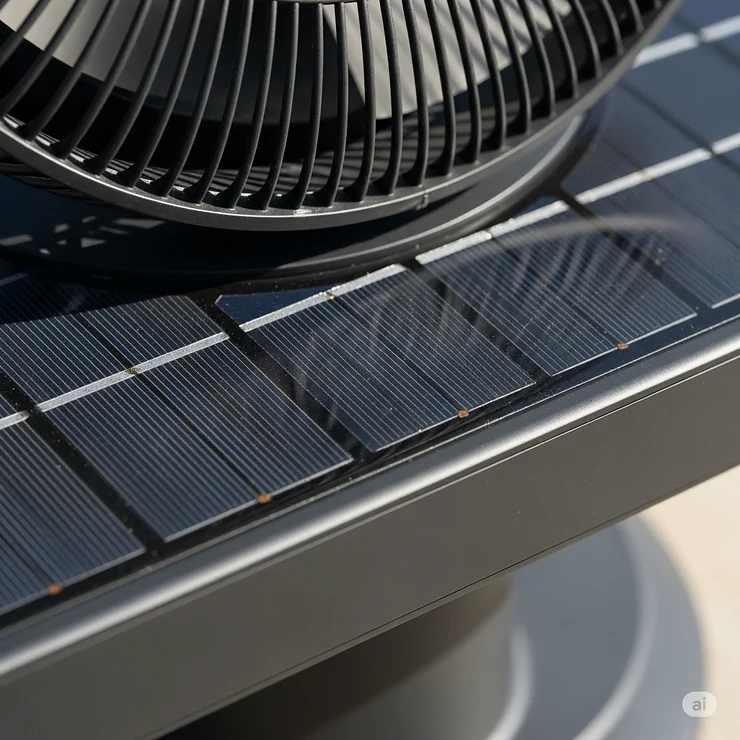 Close-up of the efficient solar panel integrated into a solar-powered outdoor fan, showcasing the renewable energy source.