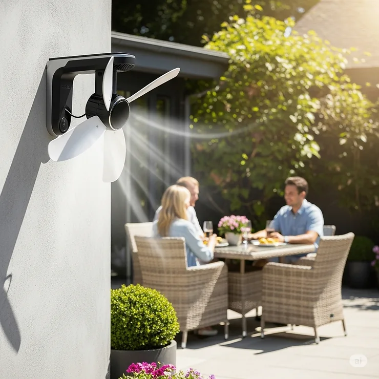 A sleek, modern solar-powered outdoor fan providing a refreshing breeze on a sunny patio, highlighting its portability and eco-friendly design.