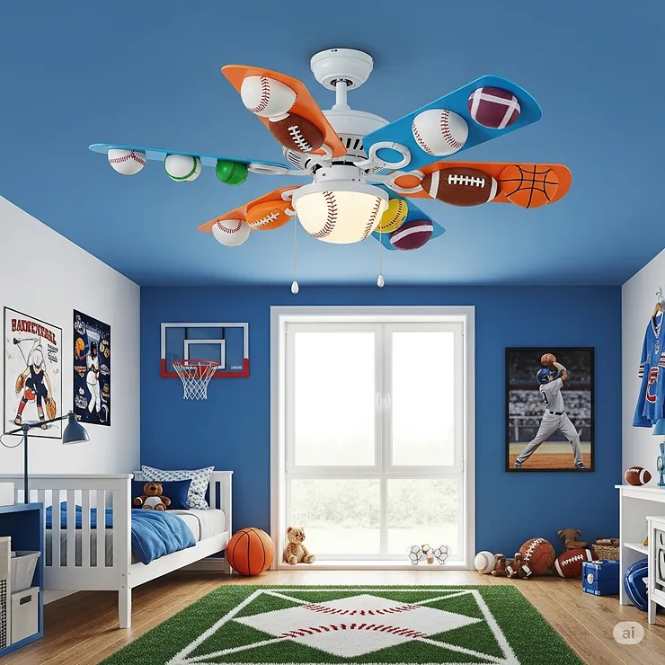 A sports-themed children's ceiling fan featuring blades decorated with baseballs, footballs, and basketballs, hanging in a boy's room.