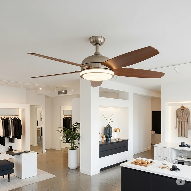An elegant, modern ceiling fan with lighting installed in a stylish retail boutique, blending aesthetic appeal with practical air movement.