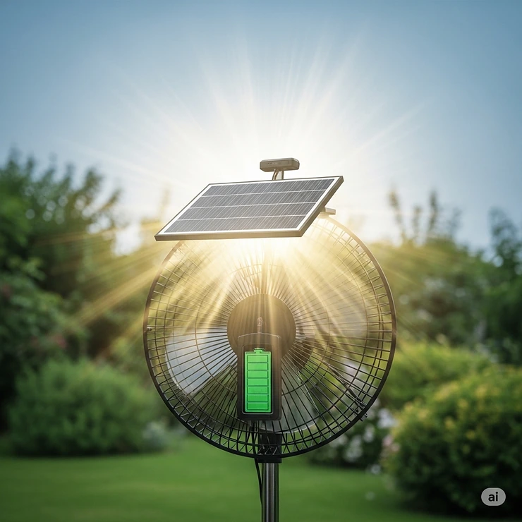 Conceptual image of direct sunlight powering a solar-powered outdoor fan, symbolizing its energy independence and eco-friendly charging.