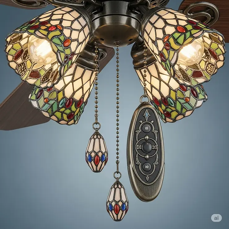 Close-up of the decorative pull chains or modern remote control system for a Tiffany style ceiling fan, emphasizing ease of operation.