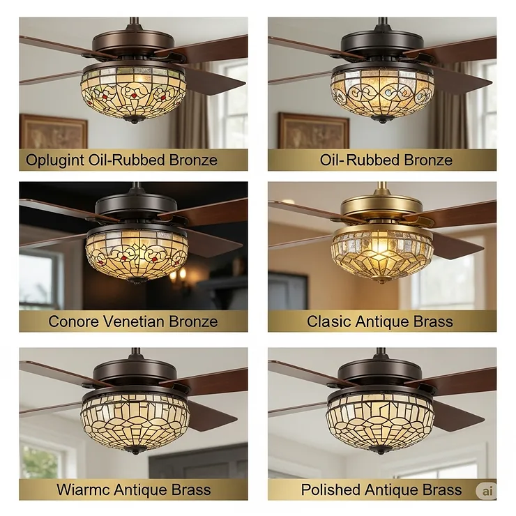 Collection of various finish options for Tiffany style ceiling fans, including classic bronze and antique brass, to match diverse interior design themes.