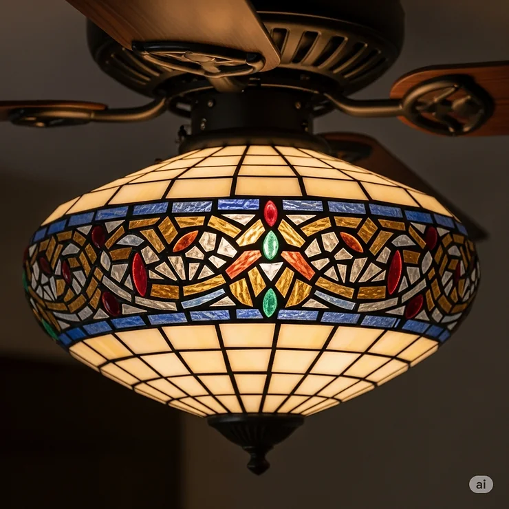Detailed view of the handcrafted stained glass shade of a Tiffany style ceiling fan, highlighting the vibrant colors and geometric leaded glass patterns.