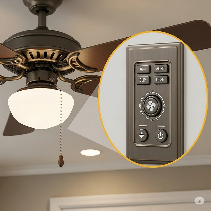 A classic bronze ceiling fan with a pull chain, next to a detailed image of its compatible wall control with buttons for fan speed and light. ceiling fan with wall control