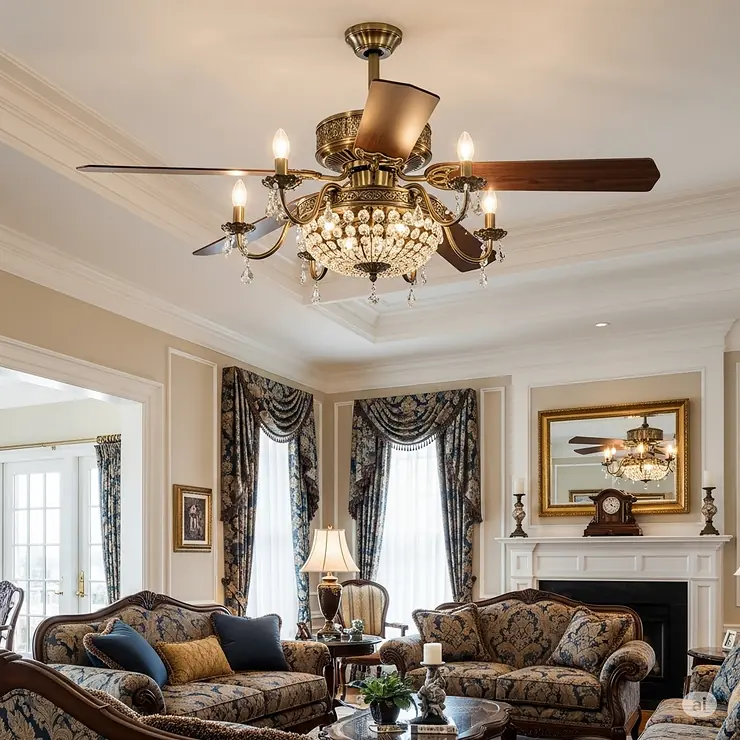 An elegant traditional living room featuring an ornate, chandelier-style ceiling fan providing both light and air circulation.