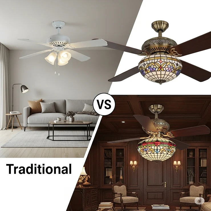 Visual comparison illustrating the unique artistic elements and vintage appeal of a Tiffany style ceiling fan contrasted with a standard ceiling fan.