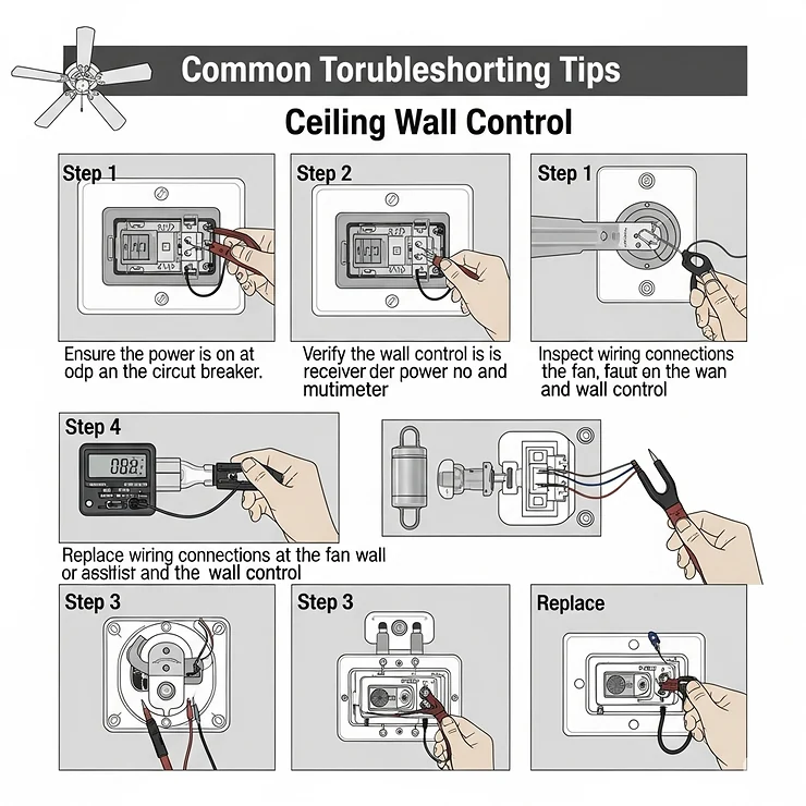 A step-by-step guide showing common troubleshooting tips for a ceiling fan wall control that is not working properly.