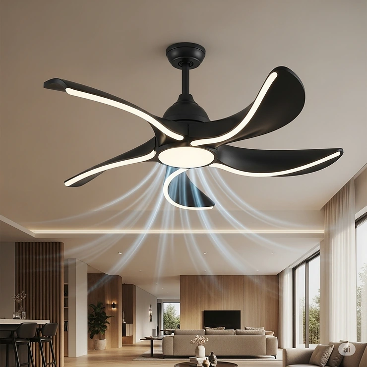 An eye-catching illustration of a ceiling fan with innovative, aerodynamically shaped blades that offer both efficient airflow and a distinctive aesthetic.