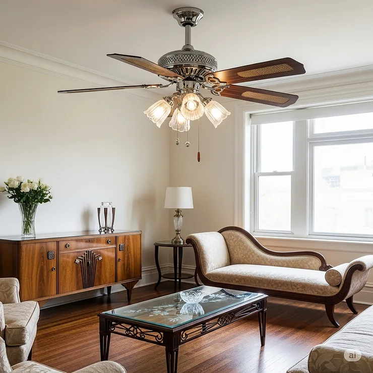 A vintage art deco ceiling fan gracefully installed in a living room with period furniture, highlighting its aesthetic appeal.