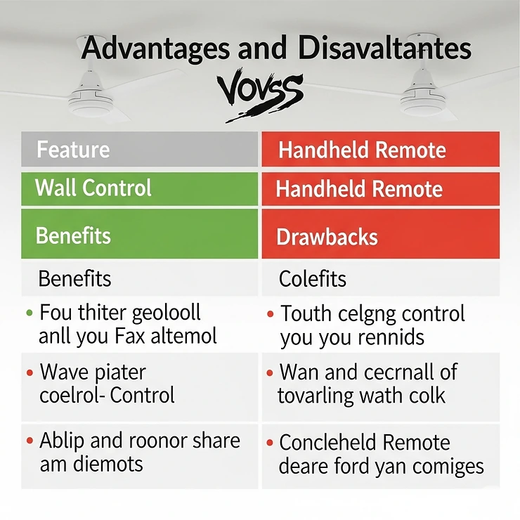 A comparison table graphic showing the pros and cons of using a wall control versus a handheld remote to operate a ceiling fan.
