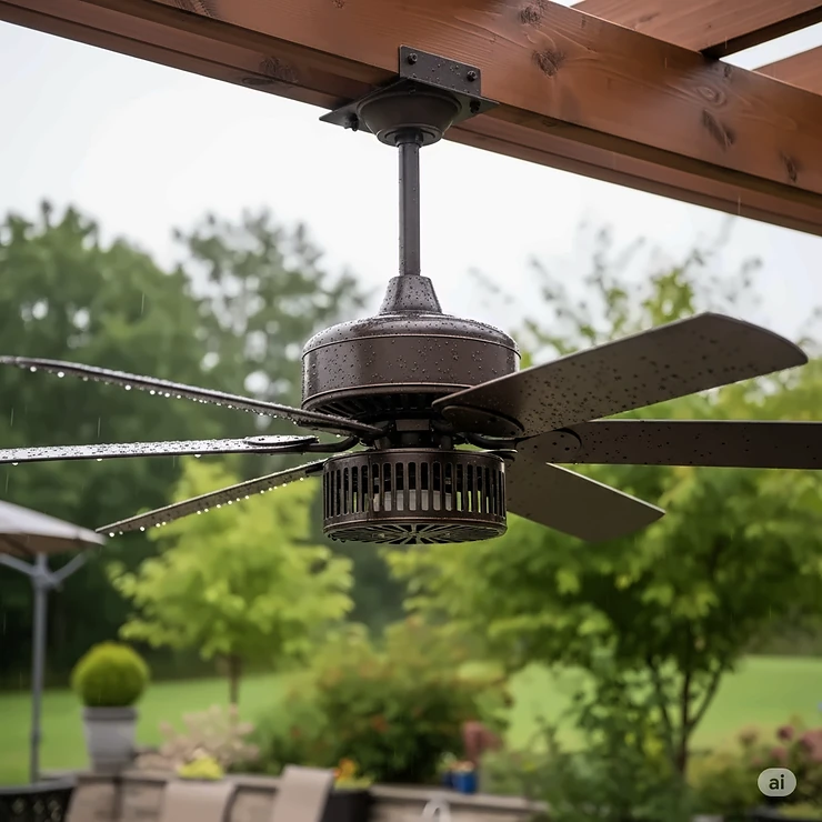 A robust, wet-rated hanging outdoor fan designed to withstand rain and humidity, ensuring durability for all outdoor environments.