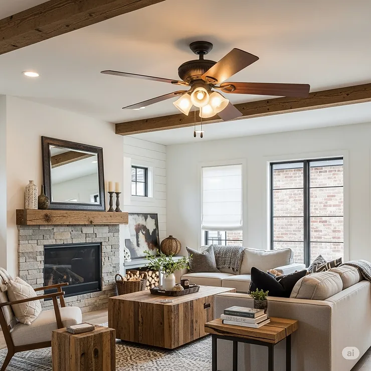 Western ceiling fan with vintage wood blades and cage-style lights in cozy rustic bedroom.
