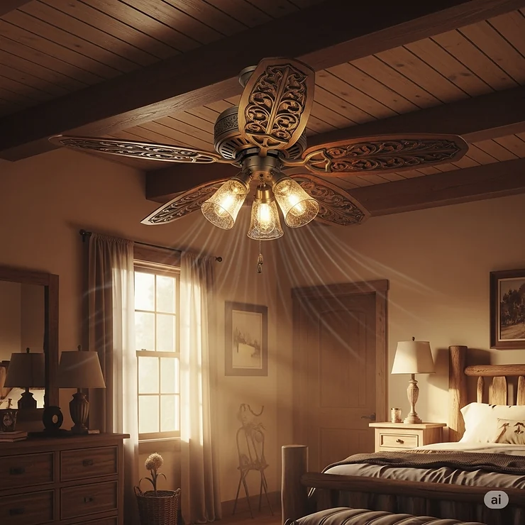 Open concept living space with western-style ceiling fan in brushed metal and walnut blade finish.