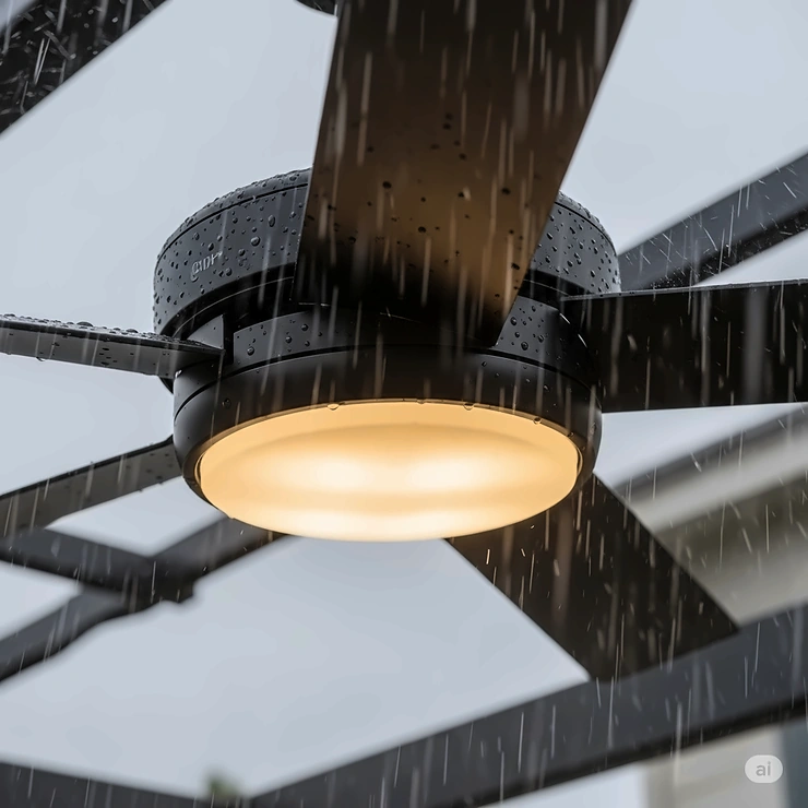 Image of a wet-rated outdoor flush ceiling fan, indicating its suitability for direct exposure to rain and moisture in uncovered outdoor locations.