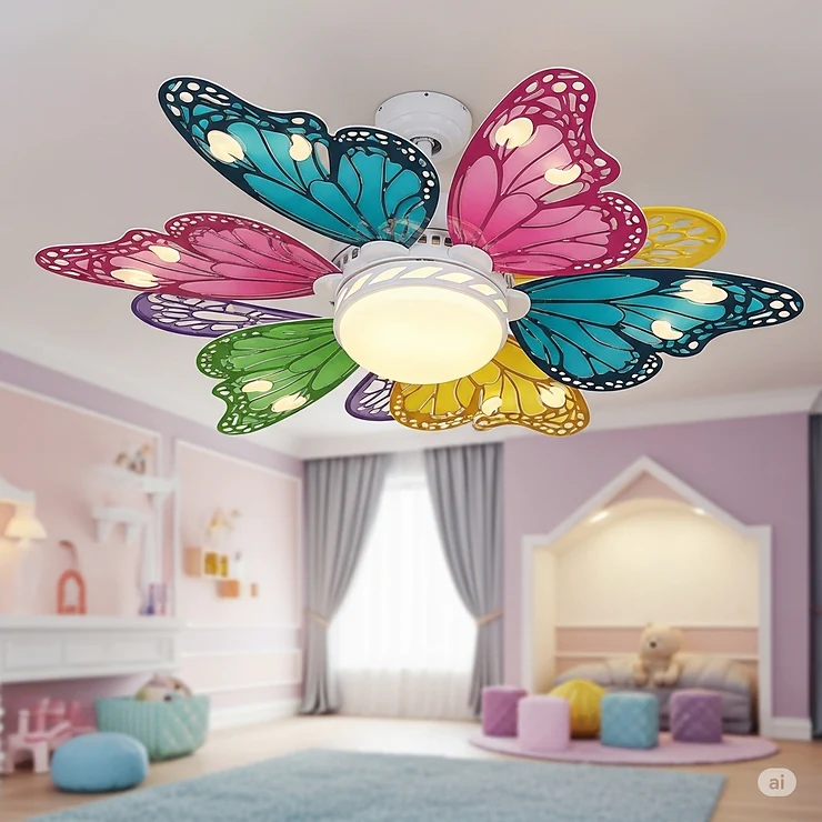 A whimsical ceiling fan with colorful blades shaped like butterflies, perfect for a kids' playroom. childrens ceiling fans