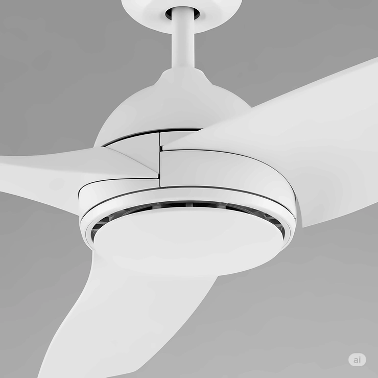 Close-up detail of the smooth, aerodynamic blades and quiet motor housing of a high-performance modern white ceiling fan, highlighting its quality craftsmanship.