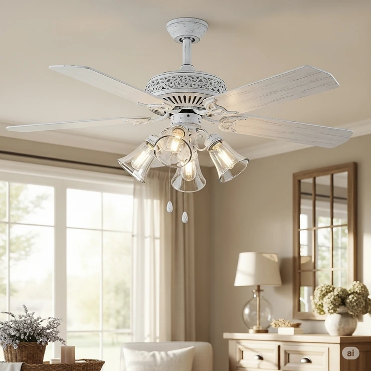 A white French country ceiling fan with a distressed finish, ideal for a farmhouse or shabby chic interior.