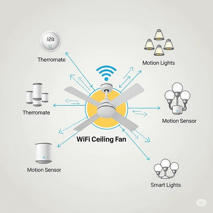 A conceptual diagram showing a wifi ceiling fan connected to other smart home devices like a thermostat, sensors, and lighting systems.