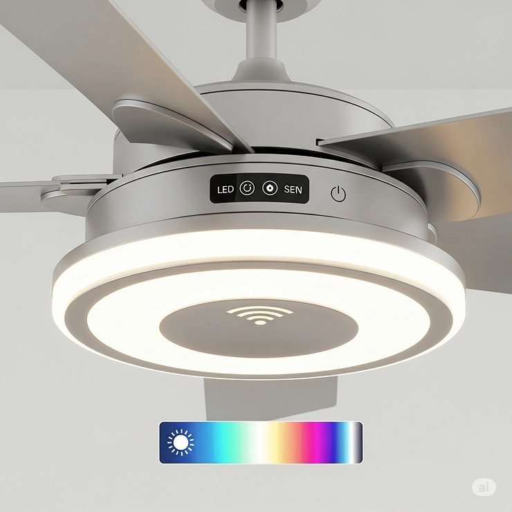 A detailed shot of the energy-efficient LED light fixture on a wifi-enabled ceiling fan, with adjustable brightness and color temperature.