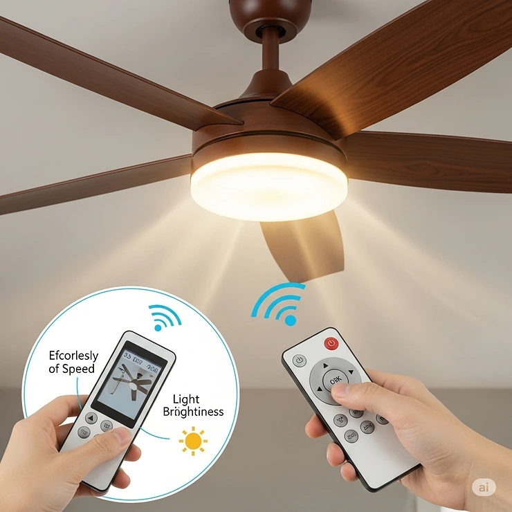 Image showcasing a wood ceiling fan with light, highlighting its convenient remote control for easy adjustment of speed and brightness.