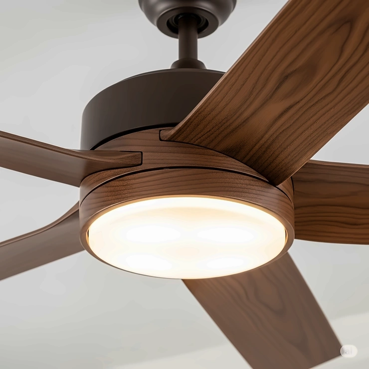 Close-up view of beautifully crafted solid wood blades on a contemporary ceiling fan with a bright central light fixture.