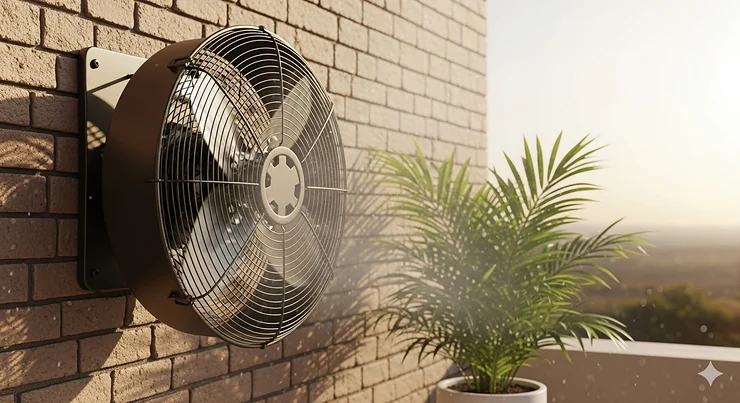 A powerful 30-inch industrial-style outdoor fan mounted on a patio wall, effectively circulating a cool breeze on a hot summer day.