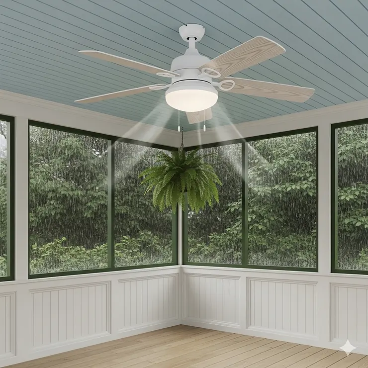 An illustration of a damp-rated 36-inch outdoor ceiling fan installed on a screened-in porch, designed to withstand moisture.