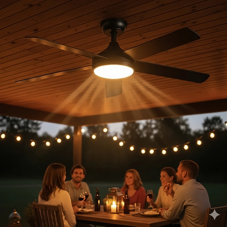 This 36-inch outdoor ceiling fan includes an integrated LED light kit, providing both illumination and airflow for an evening gathering.