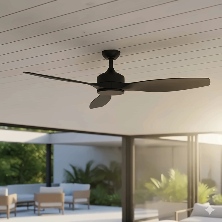 A sleek, matte black 36-inch outdoor ceiling fan with a minimalist design, perfect for a contemporary outdoor living space.