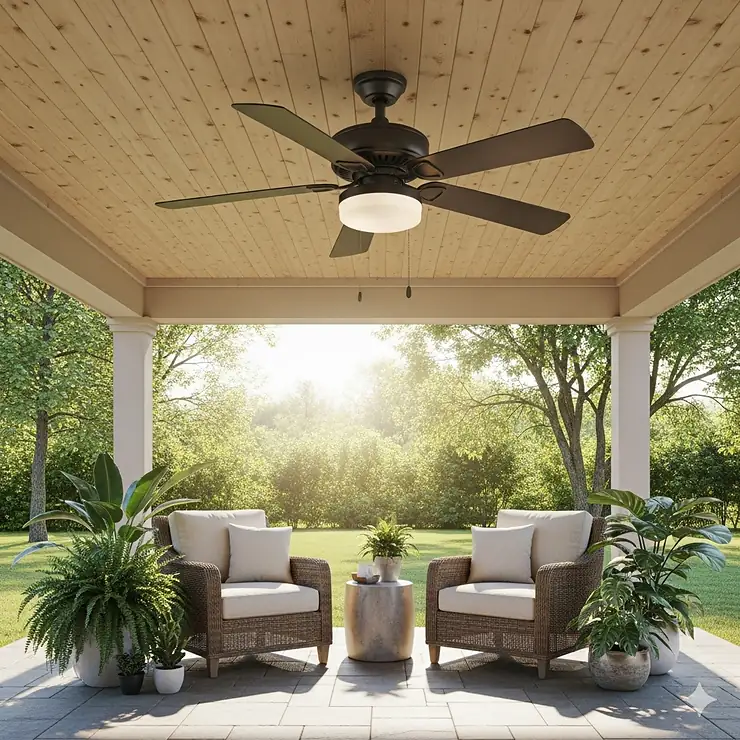 A 36-inch outdoor ceiling fan hangs from a covered patio ceiling, circulating air above a seating area with comfortable lounge chairs.