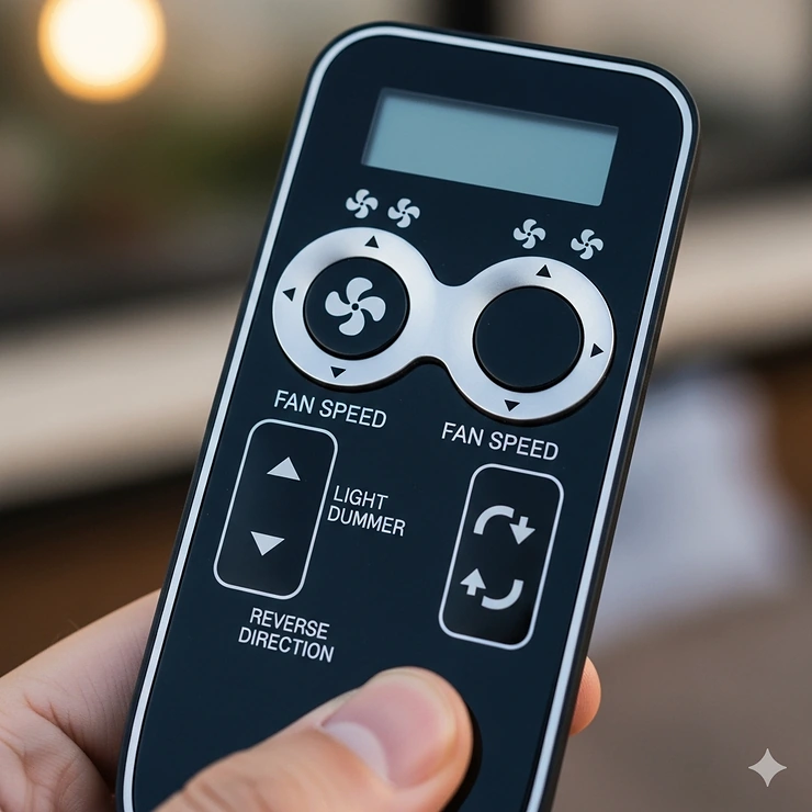 The included remote control for a 36-inch outdoor ceiling fan, showing buttons for fan speed, light dimming, and direction reversal.